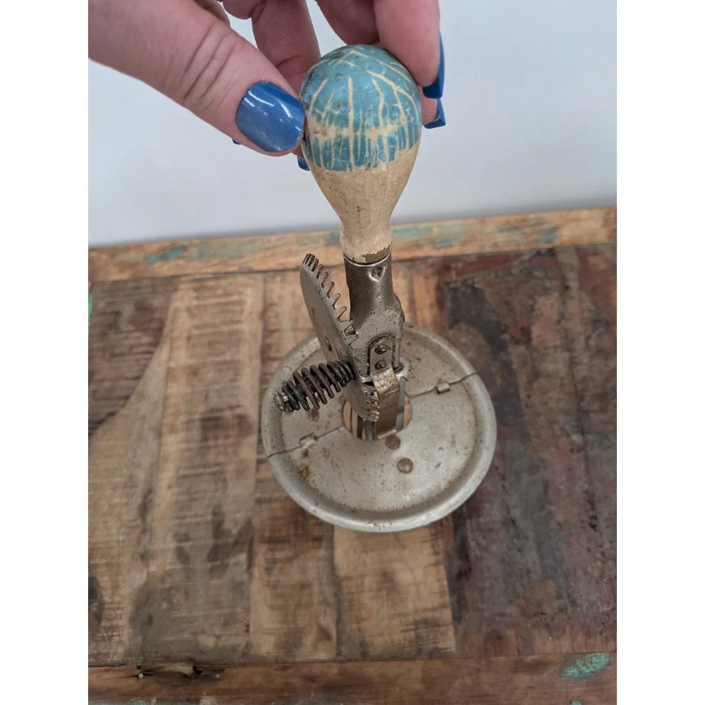 Vintage A&J Hand Crank Egg Beater Jar Lid Attachment Wood Handle Antique Tool‎